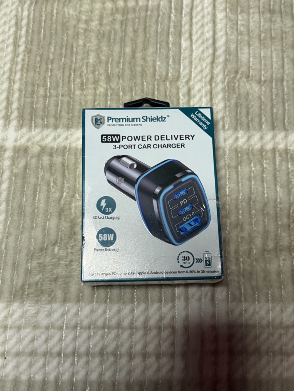58W Power Delivery 3-Port Car Charger - Blue/Black